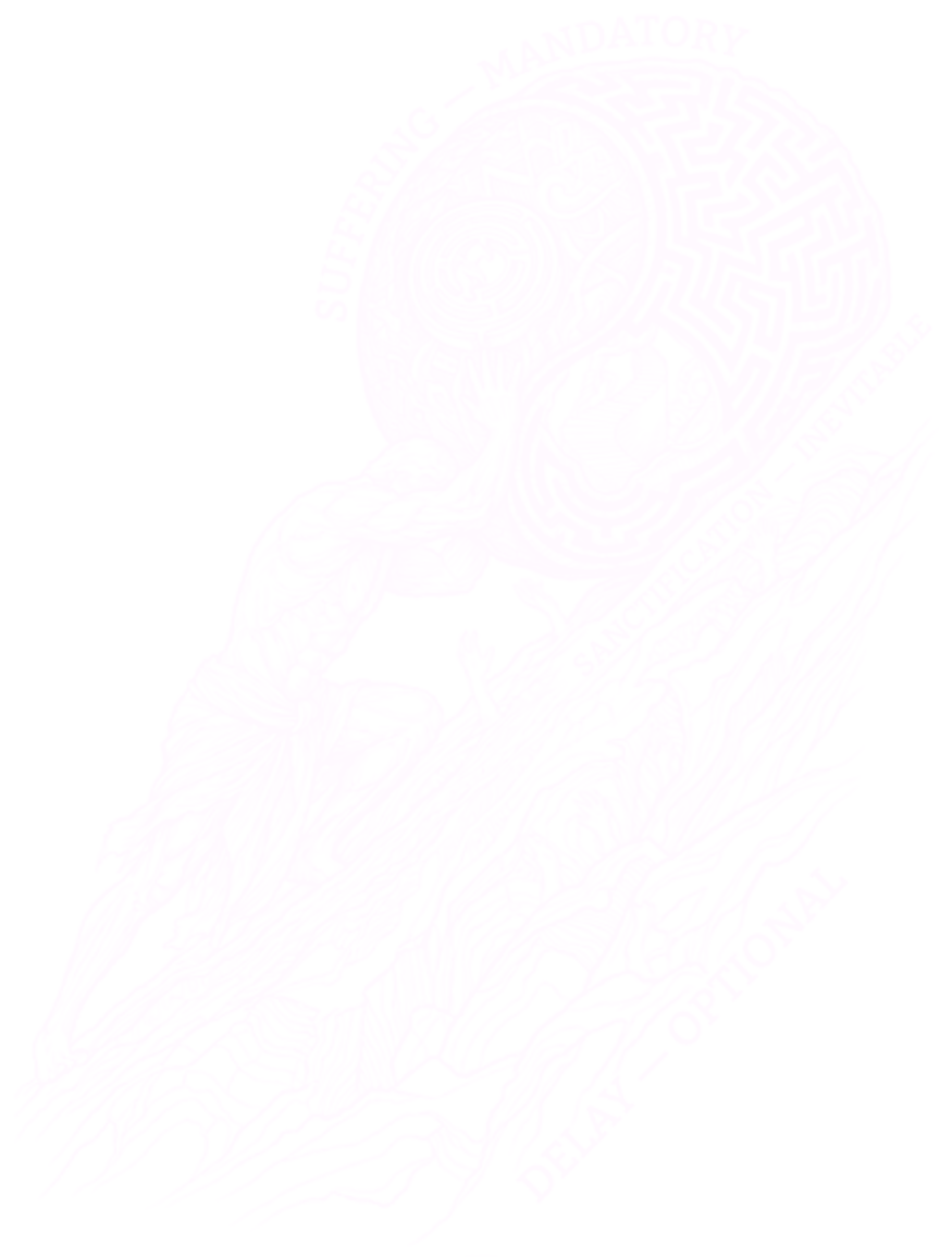 Original Sisyphus artwork: a figure pushes a labyrinth boulder uphill, surrounded by the brand’s three mantras